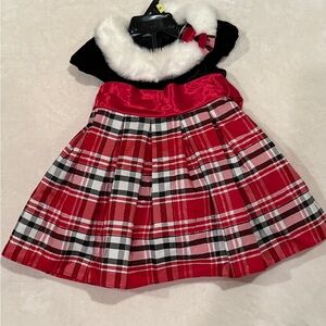 Nwot 18 months Plaid Tartan red black and white Dress with Faux Fur Collar